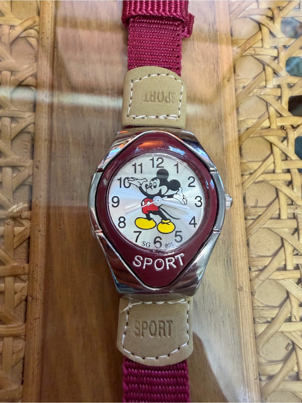 Mickey Mouse Sport Watch SG-905 Burgundy Nylon Band Untested